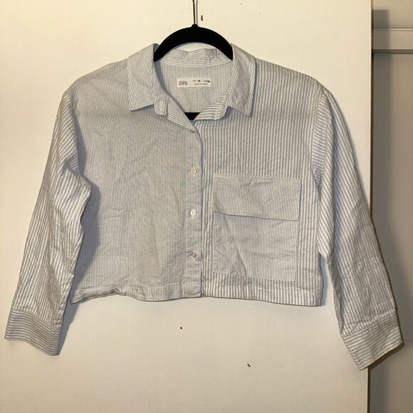 Zara Girls Size 10 Button Down Crop LS Blouse Shirt Blue White Stripes EUC - Picture 1 of 11
